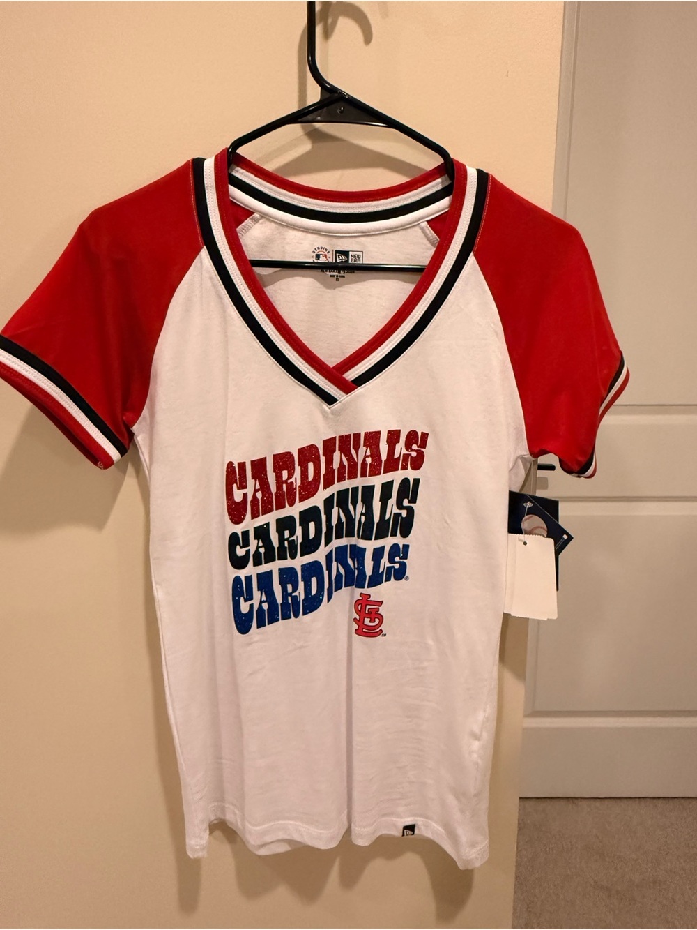 New Era White Tee with Red Trim and Navy Accent
